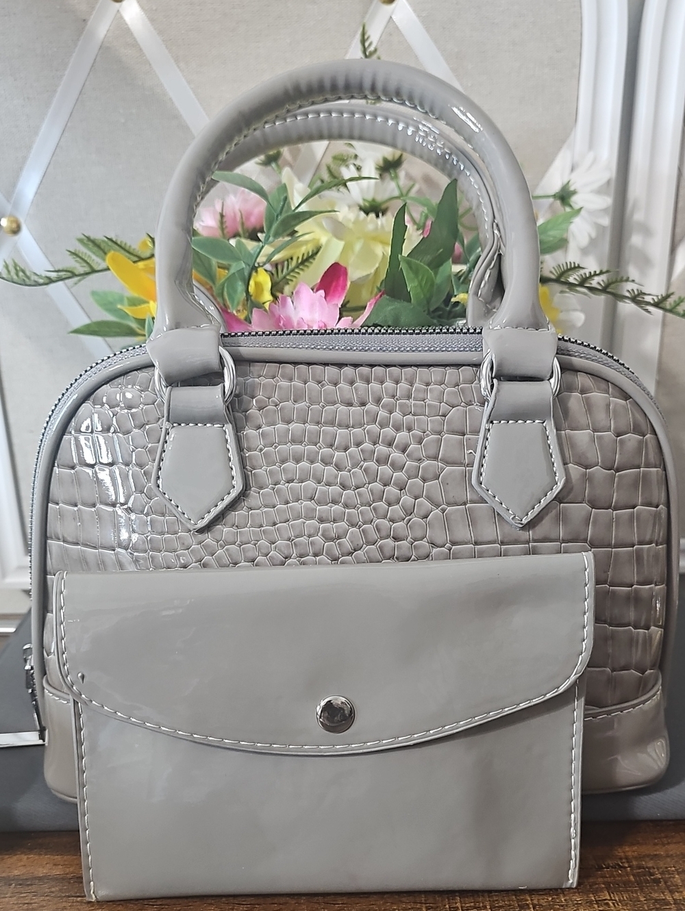Patent Croc-Embossed Dome Satchel in Light Gray